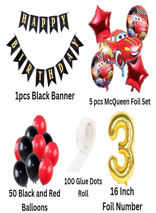 Flyloons 3rd McQueen Cars Theme birthday decorations items for Boys Girls Black Banner With Cars Foil Balloon, Red Star Foil,Black Red Balloons,Silver Foil Curtains,Glue Dots, Foil Balloon number 3 - Image 2